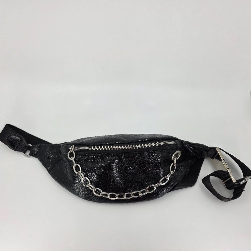 Biker Black Cracked Faux Leather Chain Fanny Pack Belt Bag